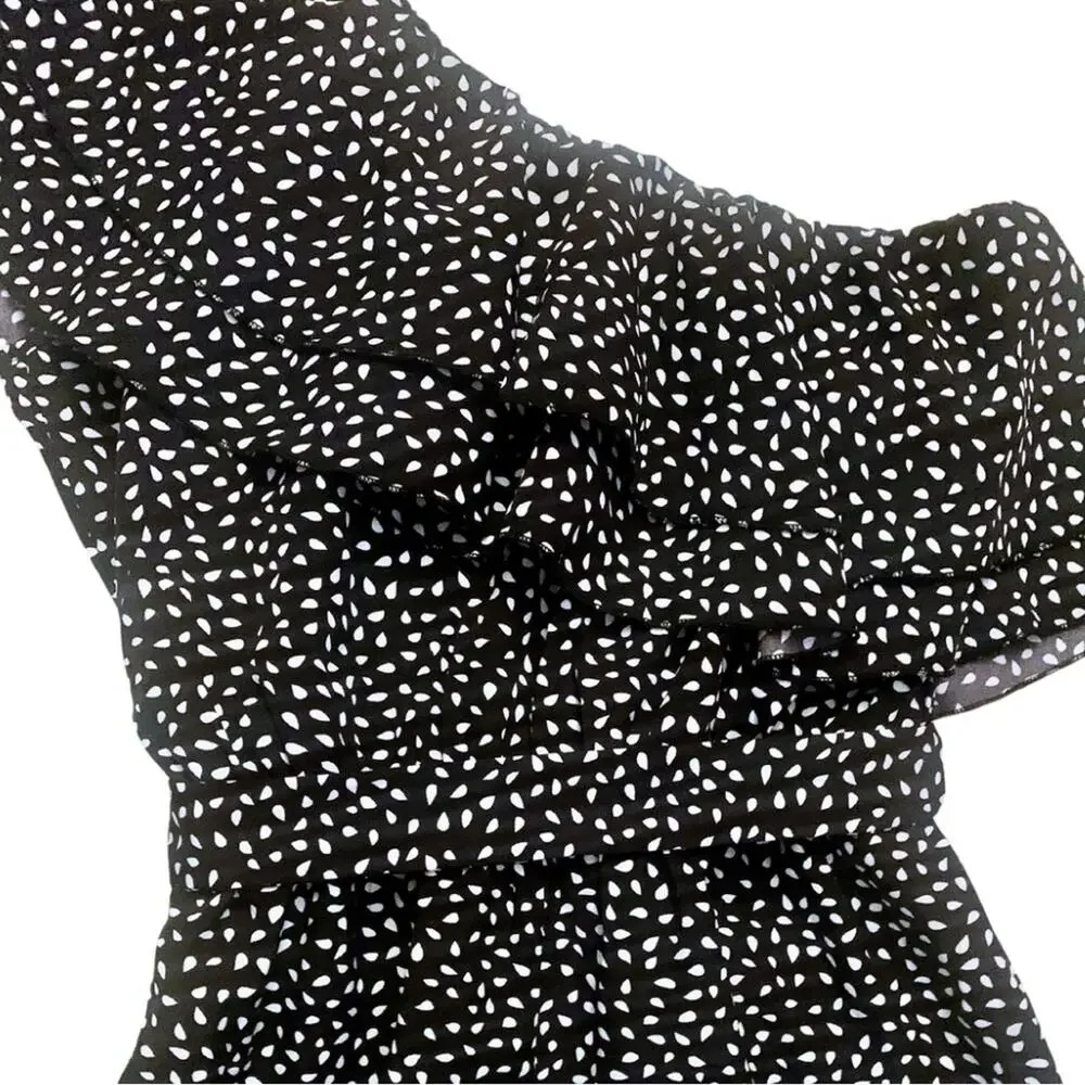 One Shoulder Ruffle Black White Dot Print Jumpsuit Sleeveless Wide Leg Coquette - Picture 2 of 8